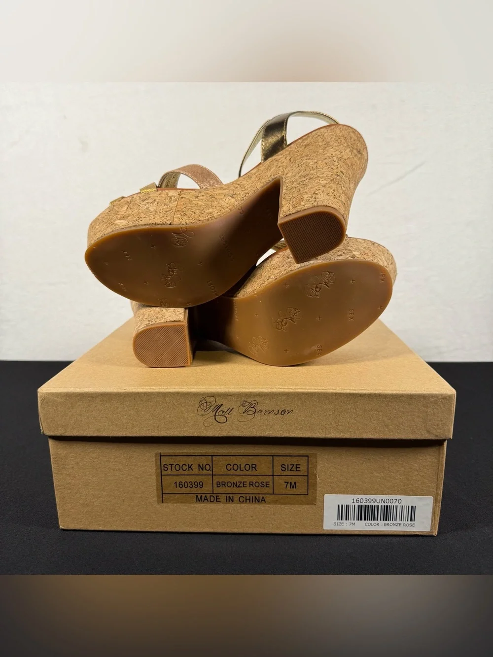 Matt Bernson Chunky Heel Bronze Rose Leather Cork Platform Sandals NIB Size 7